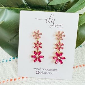 New Three-Tier Hot Pink Crystal Flower Drop Earrings | Gold Tone | Lightweight